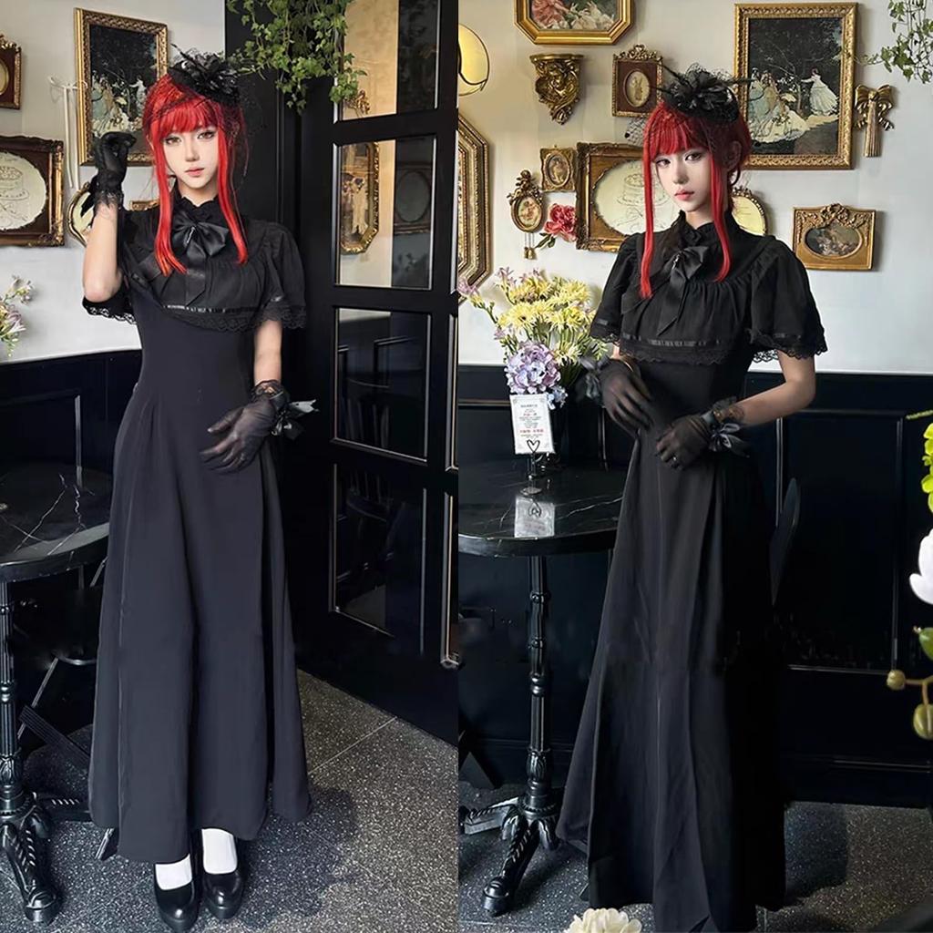 AOTYP Lolita Gothic Cute Princess Mori Girl Dress with Perfect for and Size M Dress, 2-Piece Dress, Bow, Parties, Cosplay, Halloween, Black,