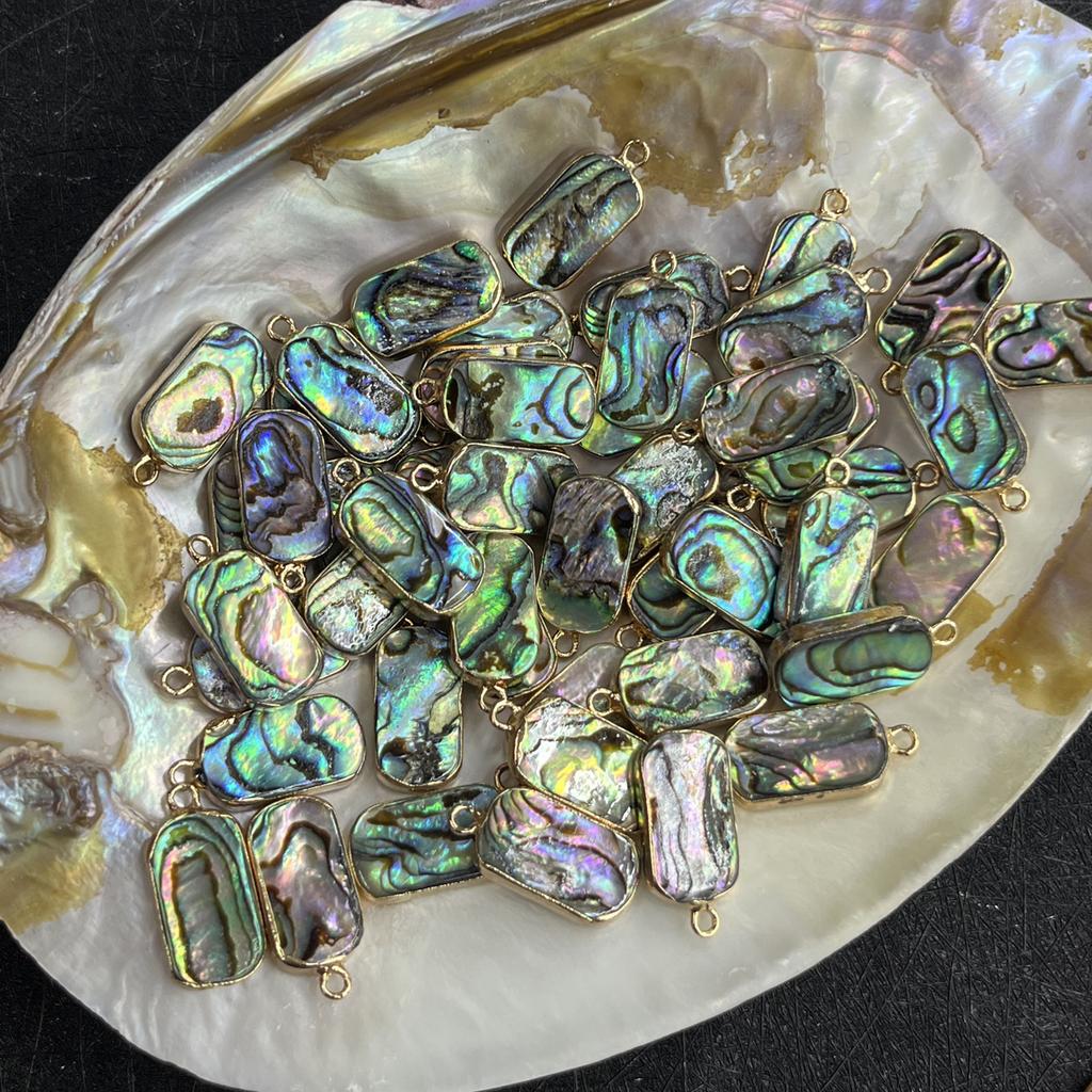 1Pc, Natural Abalone Shell Rectangle Pendant Iridescent Golden Trim Charms for DIY Boho Jewelry Making Necklace & Earrings