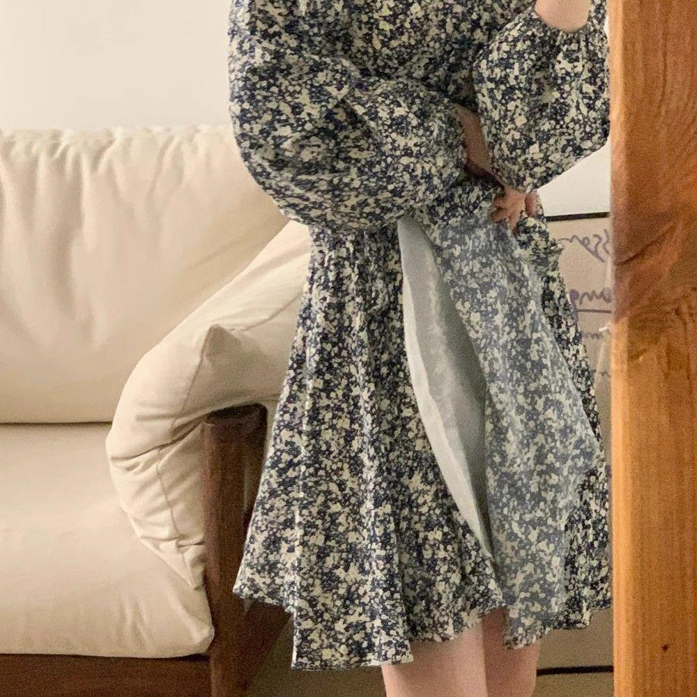 Women's Slimming Long Sleeve Floral A-line Dress - French Style, Spring/Autumn