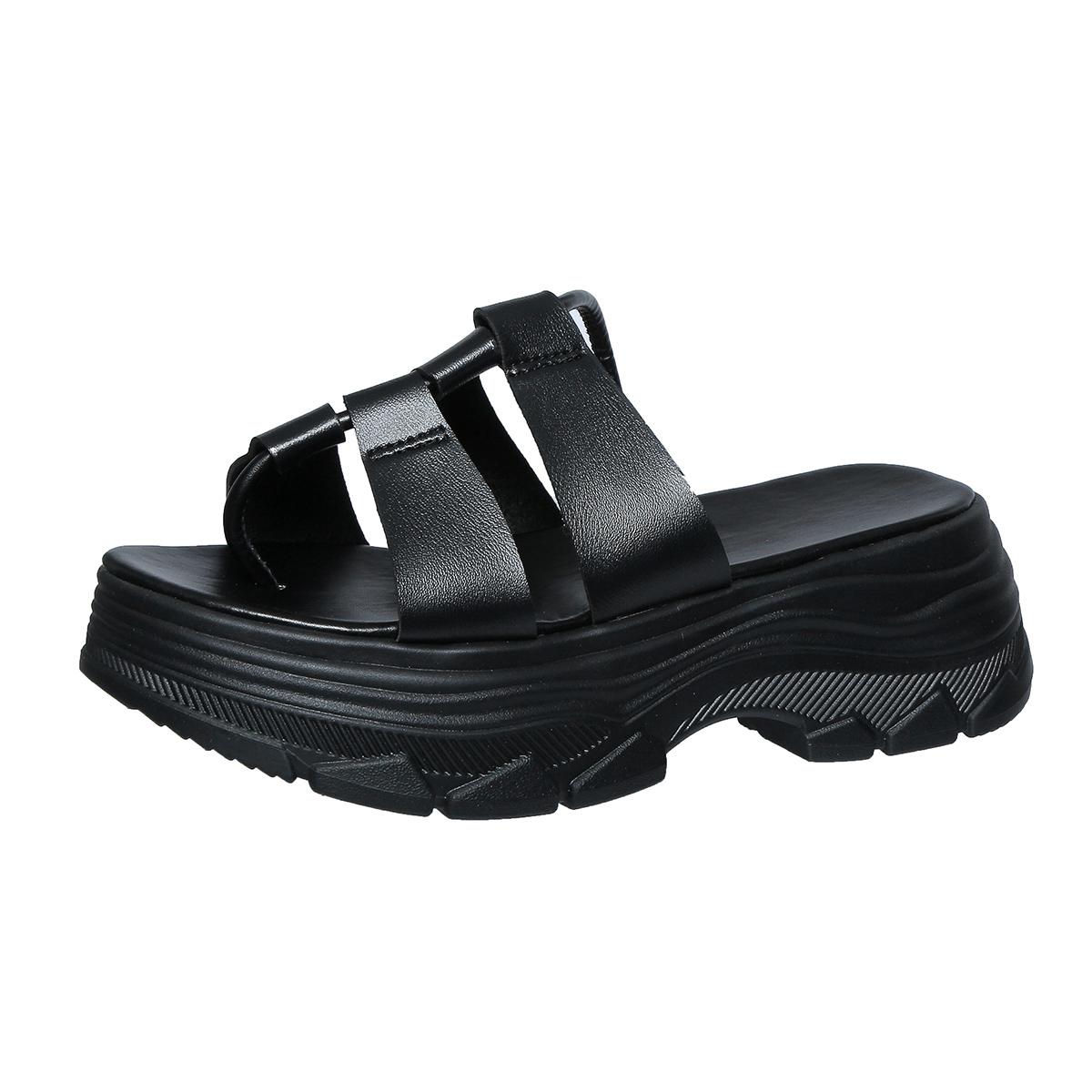 

мода Классика Черный Женские Тапочки на танкетке Женские Лоскутные Декор Толстая подошва Платформа Шлепанцы Летние Слип-Он Слайды Femme 36 чёрный