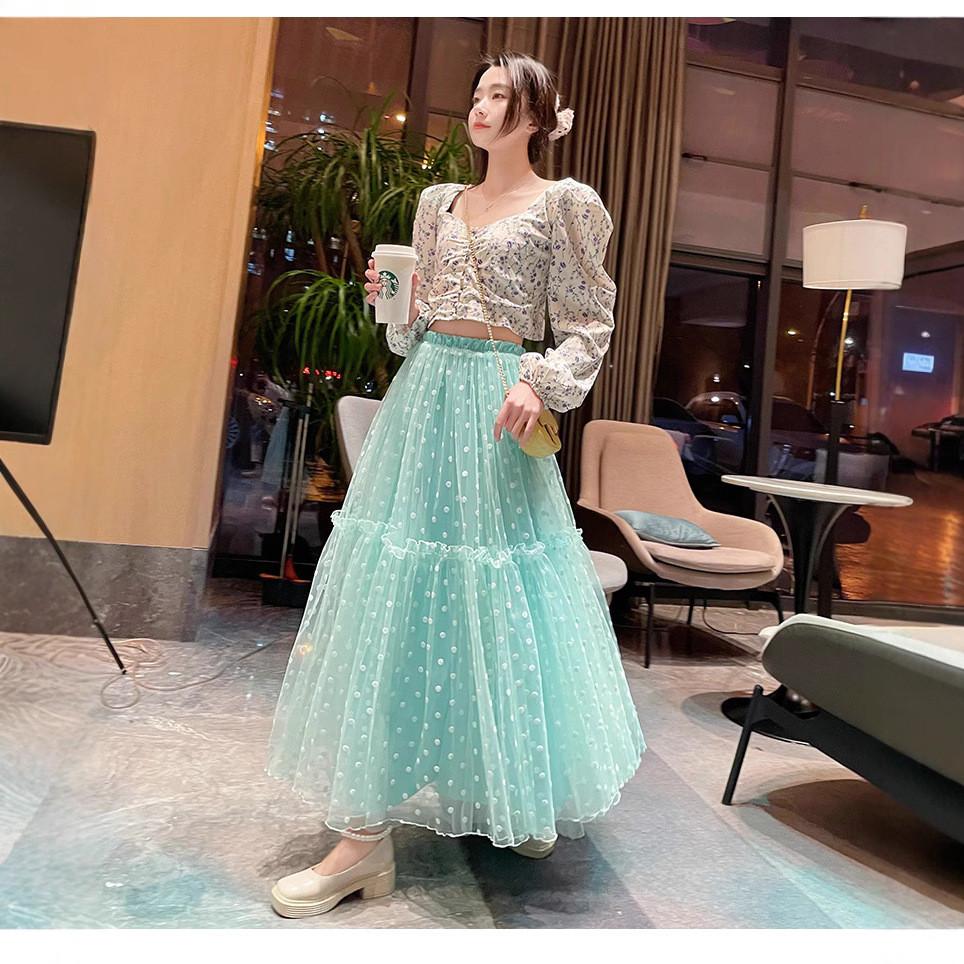 Qooth Women A-line Skirt Wide Hem Polka Dot Chiffon Mid Length Elastic Waist Casual Skirt QT2632