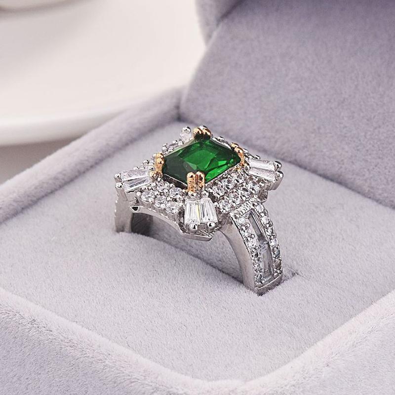 Huajie Charmante Grüne Quadratische Zirkonia Ringe für Damen Voll Besetzt Bling Bankett Party Damen Trend Welle