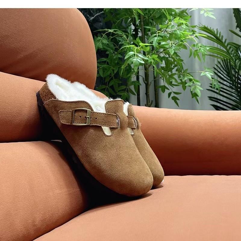 Fashion Comwarm Fur Lined Clogs for Women Men Winter Fuzzy Cork Slippers Fur Cork Mules Short Plush House Cork Shoes Winter Zuecos Mujer