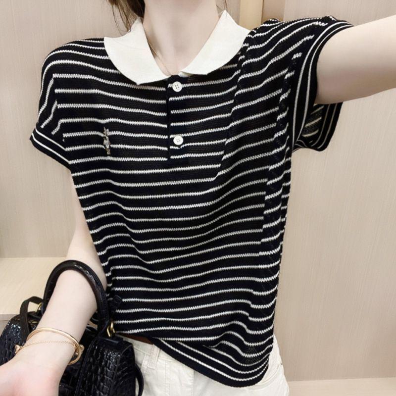 

Women s Summer Striped Ice Silk Short Sleeve T-Shirt with Little Rabbit Embroidery - Casual, Loose Fit Knitwear S (80-90 kg)
