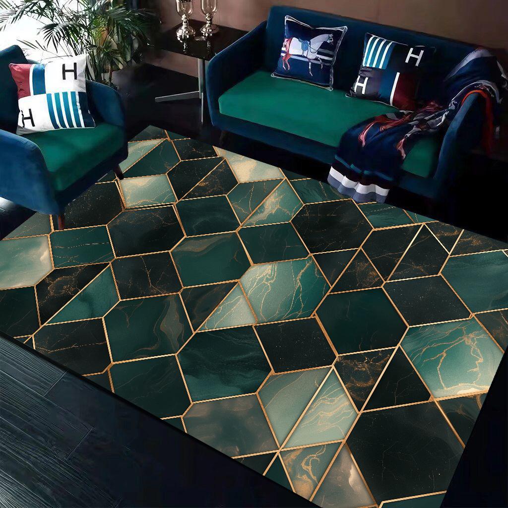 Green Geometry Carpet Non Slip Rug for Living Room Sofa Table Side Marble Golden Line Bedroom Decor Mat