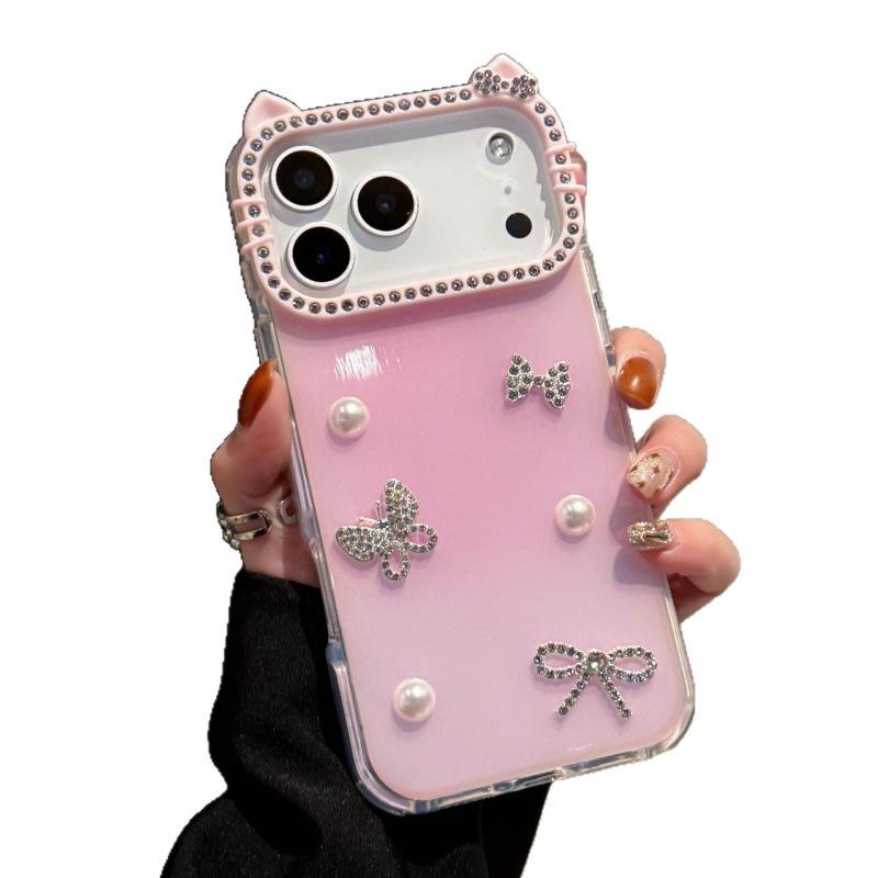 Barevně měnící motýlek s kočičími oušky a kamínky, roztomilé pouzdro na telefon pro Apple 17 Pro Max, iPhone 15/14/11, dekorativní ochranné pouzdro