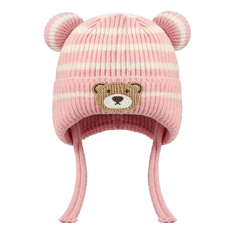 Children's Winter Earflap Hat - Striped Woolen Bear Design for Boys and Girls