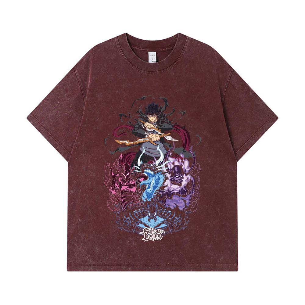 275 GSM Washed T-shirts 100% Cotton Solo Leveling V15 Print Unisex Heavy Cotton T Shirt
