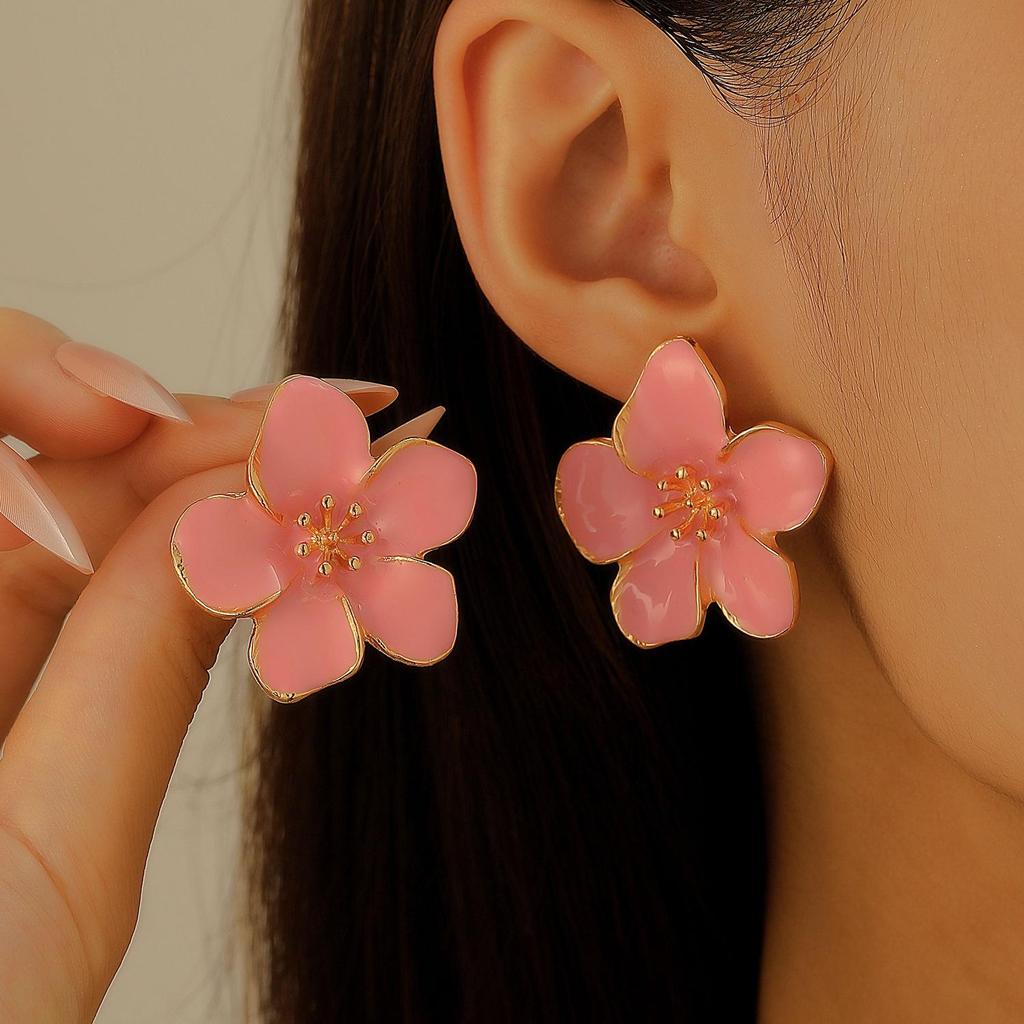 Colorful Drip Oil Flower Stud Earrings - Simple Double-Layer Petal Design for Women, Perfect for Spring and Summer