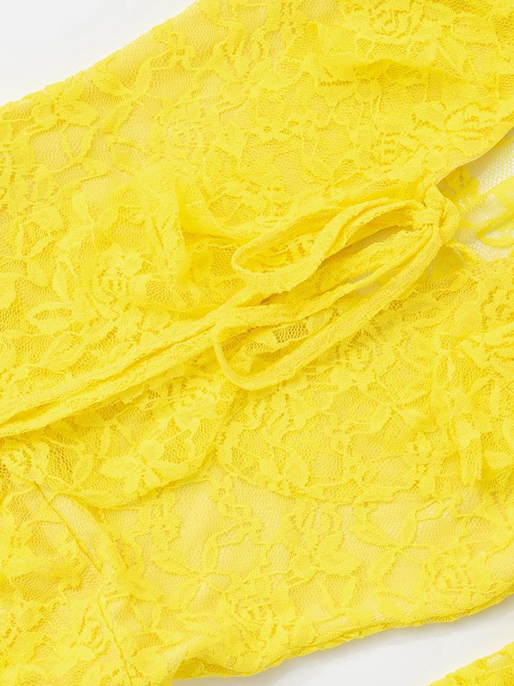 Summer Lace Ruffled Streamer Dress for Women Flare Long Sleeve V Neck Sexy Mini Dress See Through Fashion Elegant Dresses