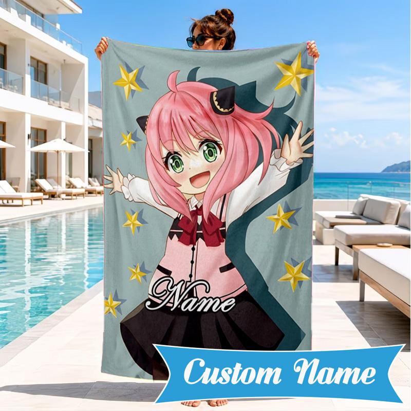 Custom Name Pink Hair Anya Beach Towel Microfiber Beach Towel, Lightweight and Quick-Dry, for Summer Travel, Swimming Pool Gift