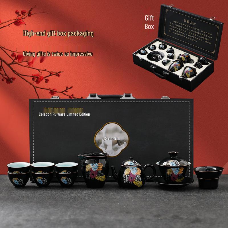 Retro Black Glaze Ceramic Gongfu Tea Set with Wooden Gift Box Black Glaze Tea Set with Wooden Box