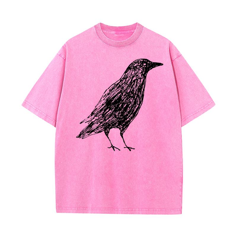 Sketch Bird Graphic Crew Neck Washed Tshirts Mother Day Tees Short Sleeve Classic Cotton Funny Washed Tees Outdoor Adult
