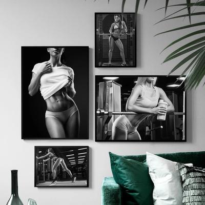 Czarno-biała seksowna dziewczyna fitness, malowidło ścienne, płótno, obraz, plakaty, drukarki do salonu, siłowni, panele ścienne,