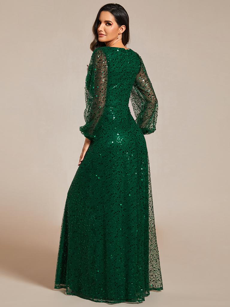 Ever-Pretty női elegáns V-nyakú lámpás hosszú ujjú flitteres vendégruha A vonalú estélyi ruha