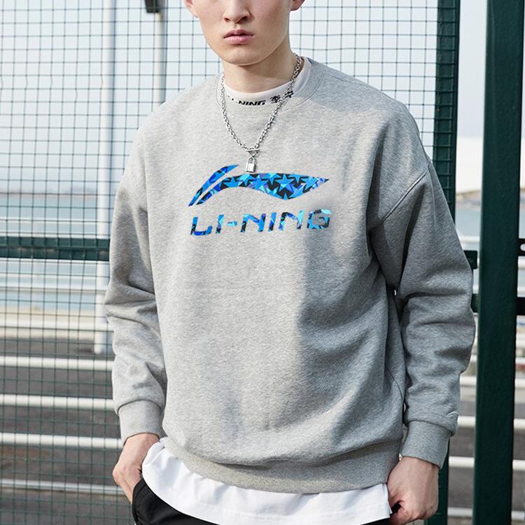 Li Ning Sports Lifestyle Series Large Logo Printed Pullover Long Sleeve Comfortable Fashion Sweatshirt Unisex Sweatshirt Light-Floral-Gray AWDR607-1