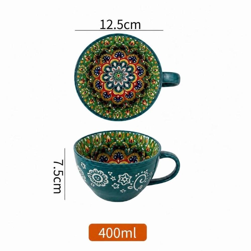 15oz Capacity Boho Ceramic Cup Hand Painted Heat Resistant Ethnic Style Ceramic Mug Microwave Safe Ceramic Milk Coffee Mug