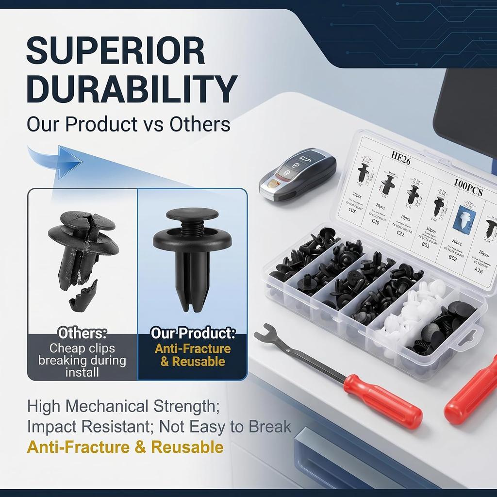 100 Pcs Car Bumper Clips Kit, Car Plastic Rivets Fasteners Push Retainer Kit with Sizes Auto Push Pin Rivets Set, Universal Expansion Screw Clips