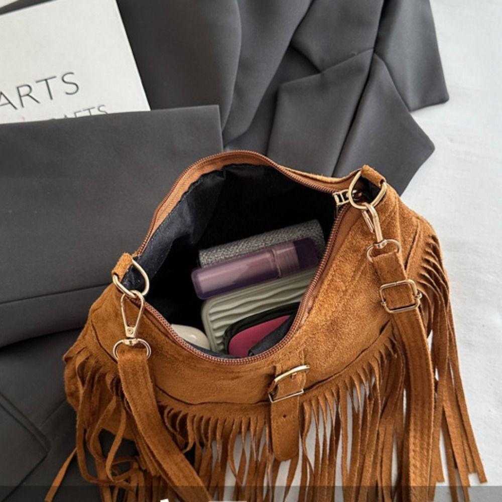 Bohemian Style Suede Shoulder Bag Retro Ethnic Style Handbag Fashion Tassel Crossbody Bag  Travel
