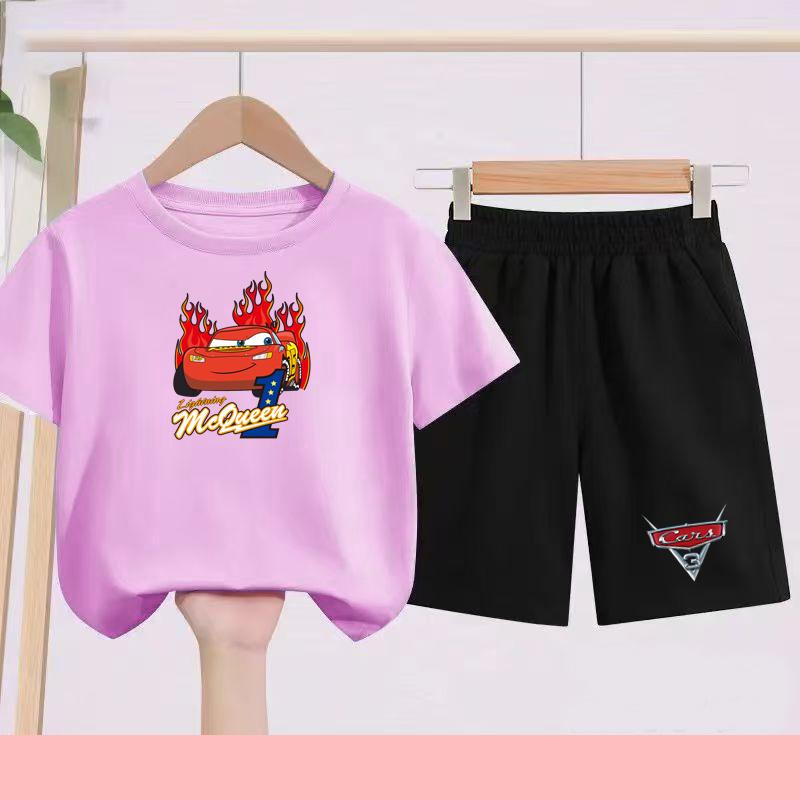 Children Aged 3 to 14 Summer Fashion T-shirt set Children Disney Car Print T-shirt + shorts Girl Boy Casual Tops Toddler Clothes