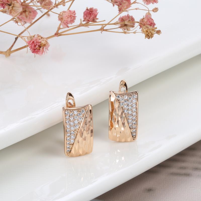 Hot Smooth Square Pattered Earrings For Women 585 Rose Gold Natural Zircon Stud Earrings Ethnic Bride Wedding Jewelry