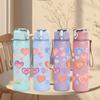 1PC Mixed Pastel Heart Love Pattern Print 750ml Color Plastic Sports Water Bottle Leakproof Flip Straw Lid Suitable for Sports Office Home Use