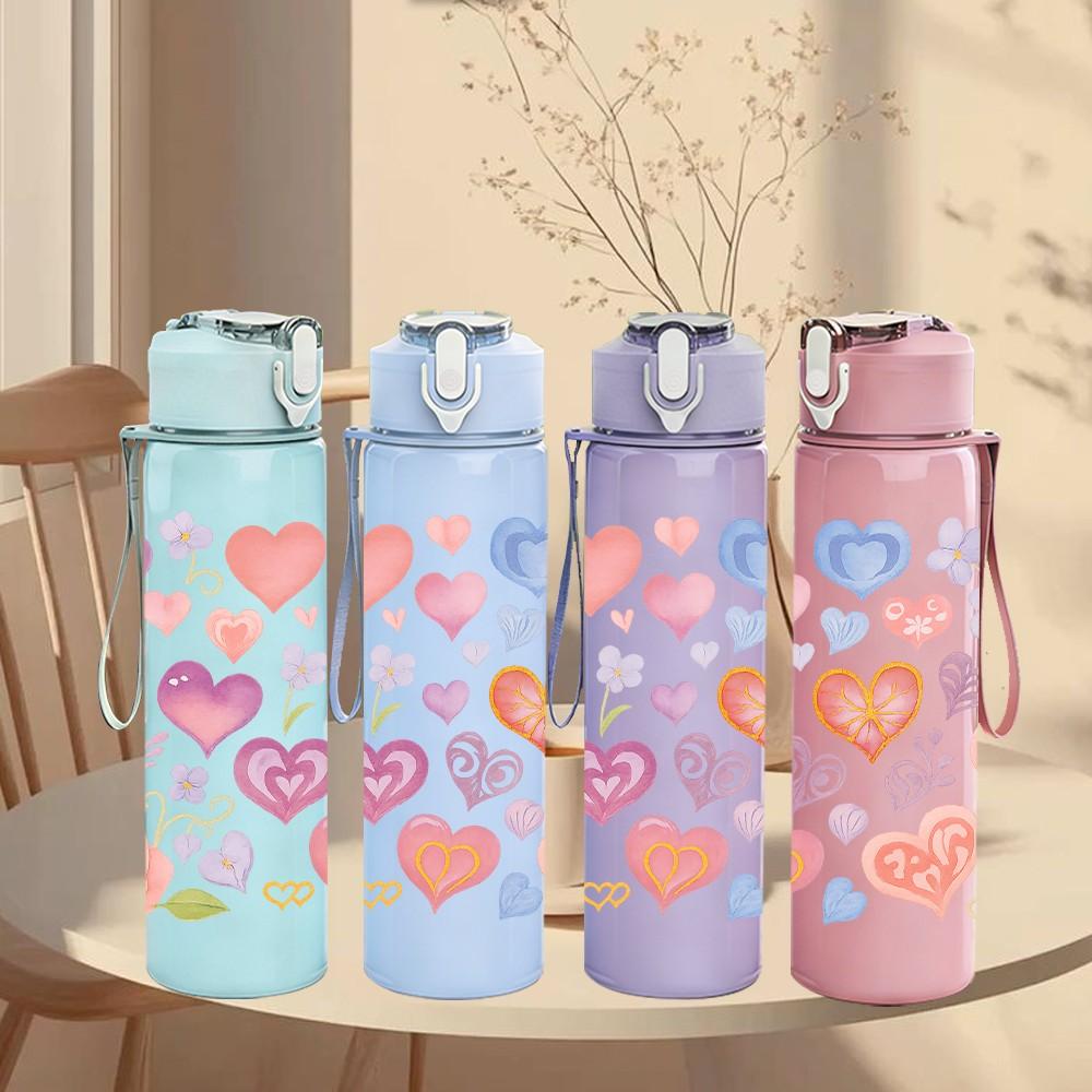 1PC Mixed Pastel Heart Love Pattern Print 750ml Color Plastic Sports Water Bottle Leakproof Flip Straw Lid Suitable for Sports Office Home Use