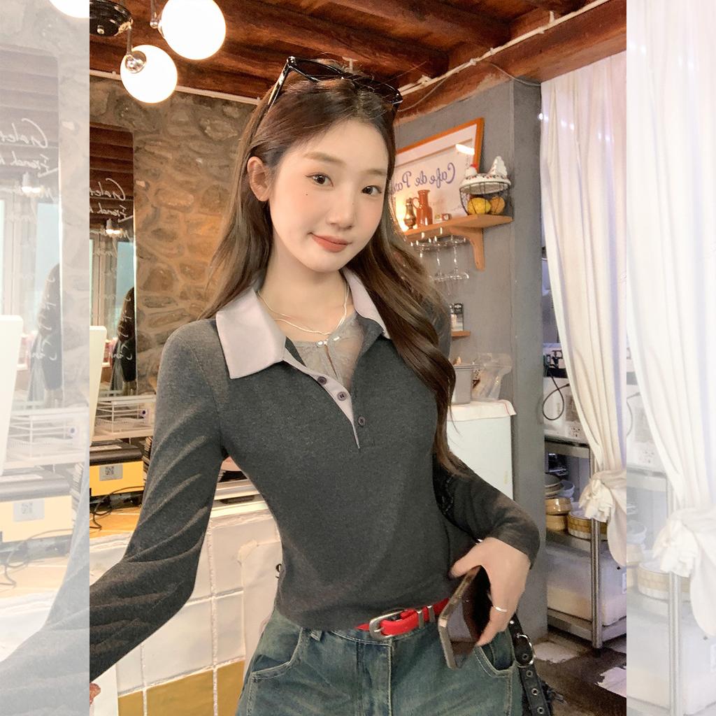 Dark gray fake two-piece POLO collar long-sleeved T-shirt women's autumn new versatile slim-fitting and thin contrasting top
