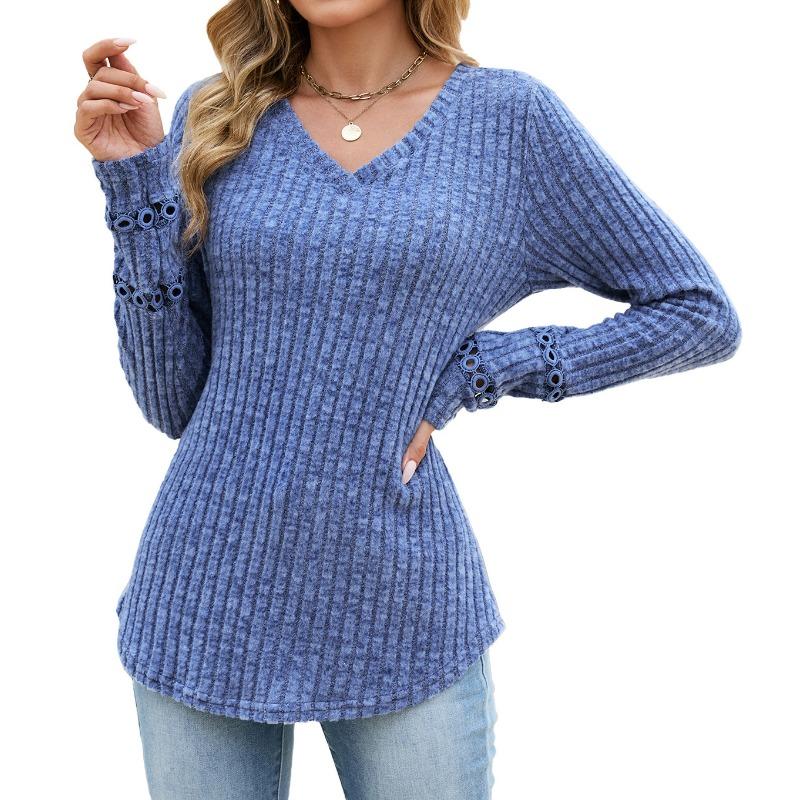 Solid Color V Neck Lace Patchwork Loose Long Sleeve Brushed T Shirt