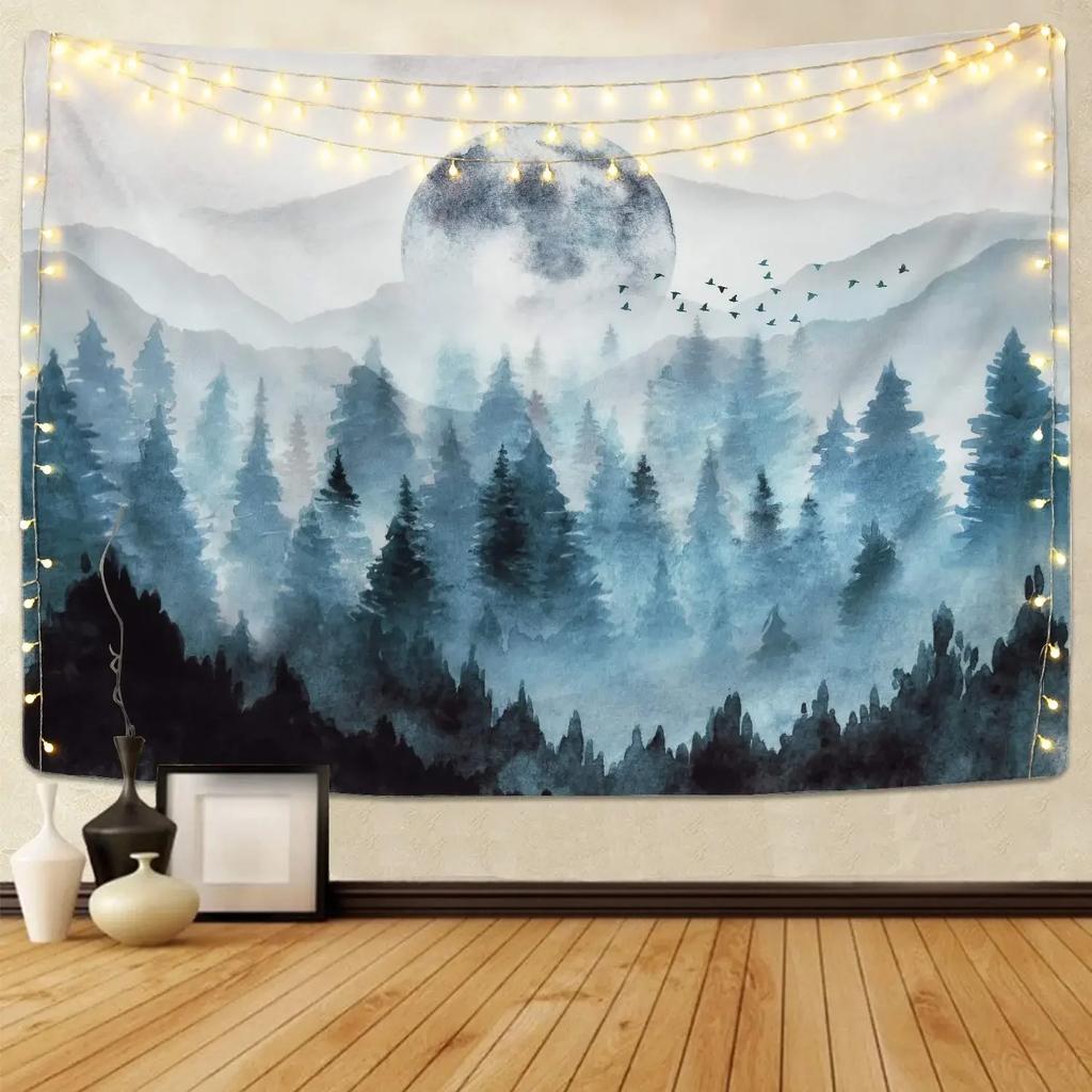VIKAMA Nature Forest Tapestry, Misty Green Pine Tree Scenery Wall Art Hanging for Bedroom Living Room Photography Backdrop