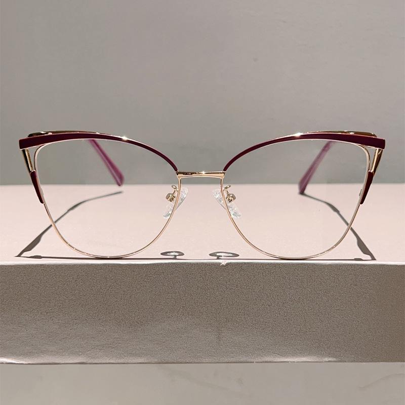 Fashion Metal Cat-Eye Glasses Women Anti Blue Light Glasses Trendy Reading Eyeglasses Computer Light Blocking Plain Spectacles