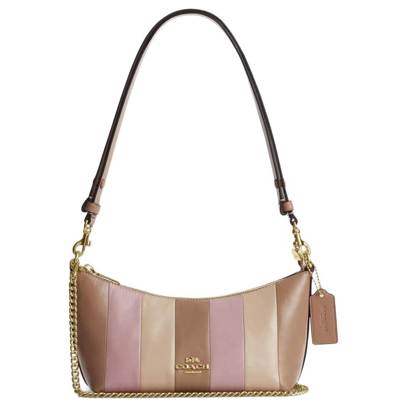 

COACH 25 stripe patchwork leather shoulder bag medium women s gold and taupe золотий