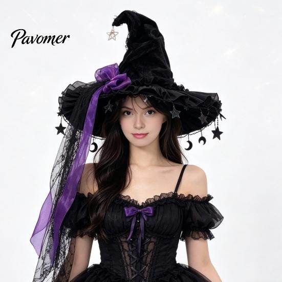 Dark Princess Style Cap Halloween Witch Hat, Gothic Wizard Costume Headpiece for Women, Spooky Velvet Cone Comic Exhibition Props Hat with Mesh Veil,