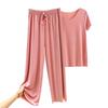 Nuovo due pezzi estivo in seta ghiacciata: Top a maniche corte con scollo a V e pantaloni casual drappeggiati a gamba larga