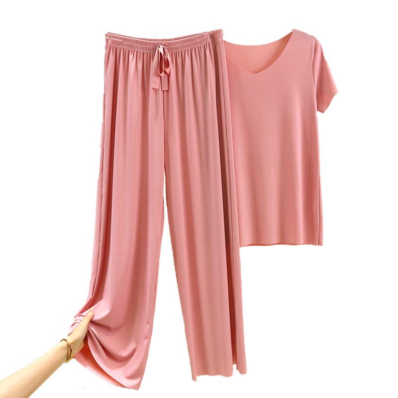 Nuovo due pezzi estivo in seta ghiacciata: Top a maniche corte con scollo a V e pantaloni casual drappeggiati a gamba larga
