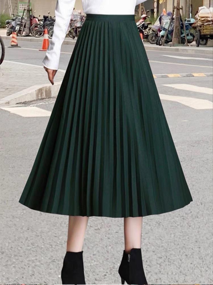 Pleated Midi Skirt, Wool-blend, Thick and Flowing, Solid Color Slimming A-line Silhouette