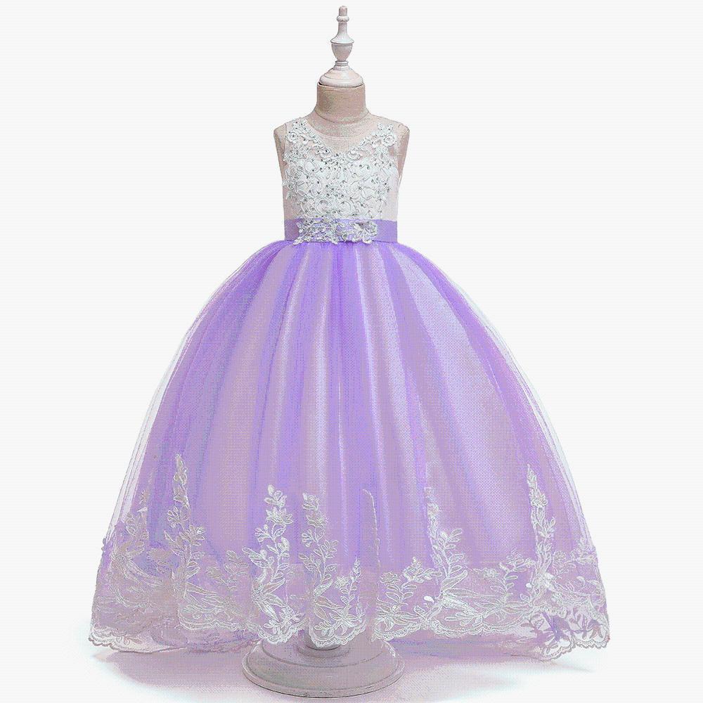 Girls' Lace Beaded Princess Evening Gown with Train