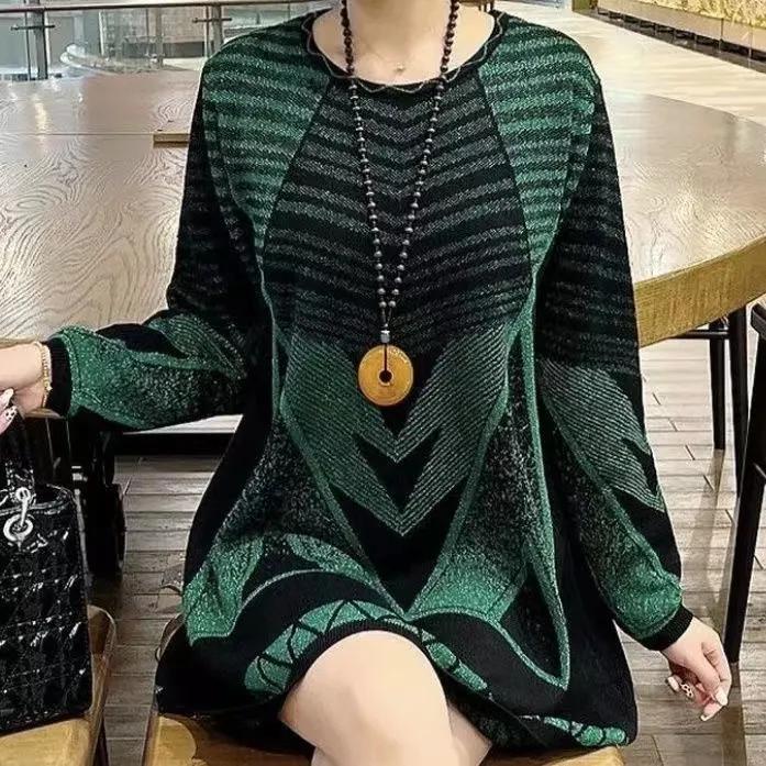 Autumn Winter Casual Geometric Fashion Bright Silk Sweaters Long Sleeve Female Clothing Round Neck Korean Midi Knitted Jumpers