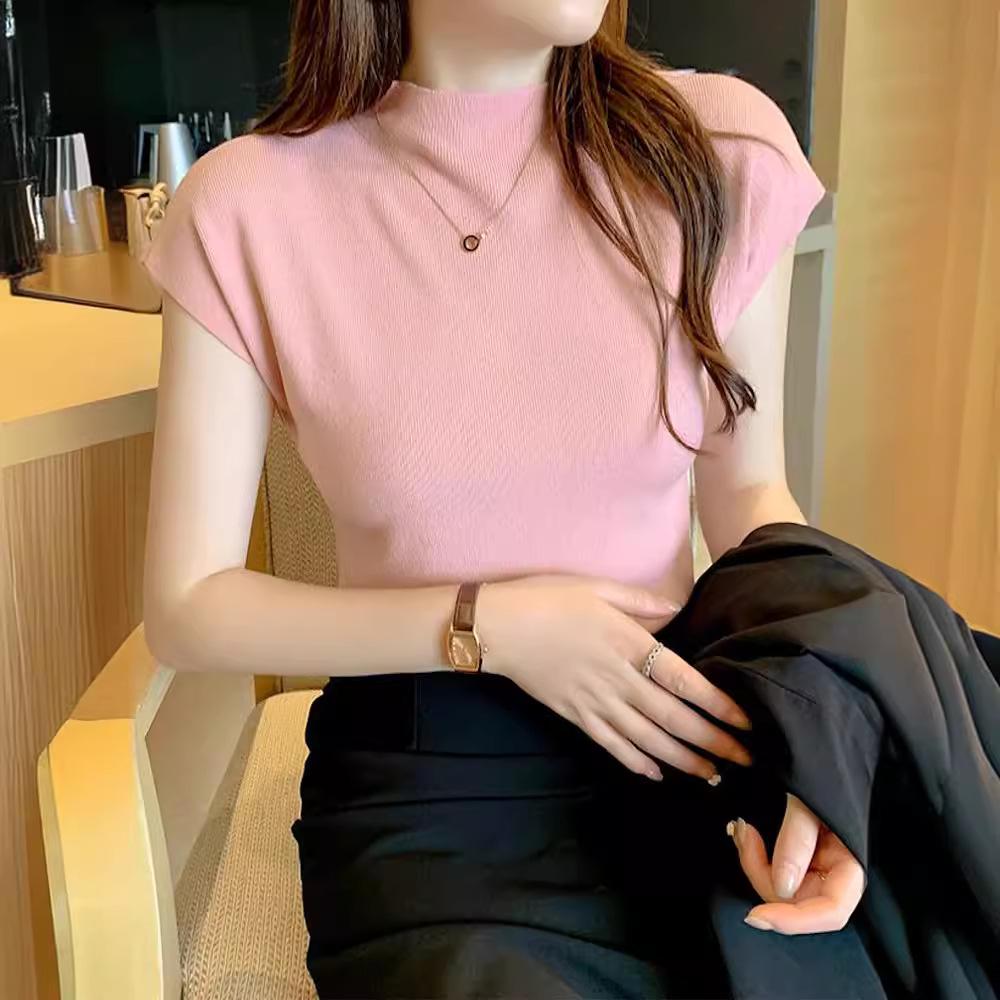 2025 Women's Black Ice Silk Semi-High Neck Short Sleeve Knitted T-Shirt