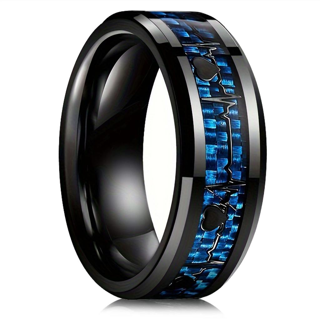 Fashion Heartbeat Stainless Steel Rings for Men With Blue Carbon Fiber Inlay Ring Wedding Jewelry Christmas Gift Accessories