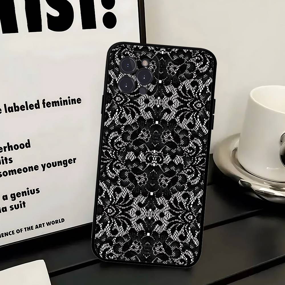 Black Lace Pattern Phone Case For Iphone 17 16 15 16e 14 13 12 11 Pro Max Plus Case Cover Coque