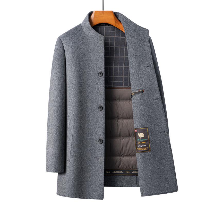 Men's Stand Collar Wool Coat with Detachable Down Liner – Thickened Loose Fit for Autumn/Winter