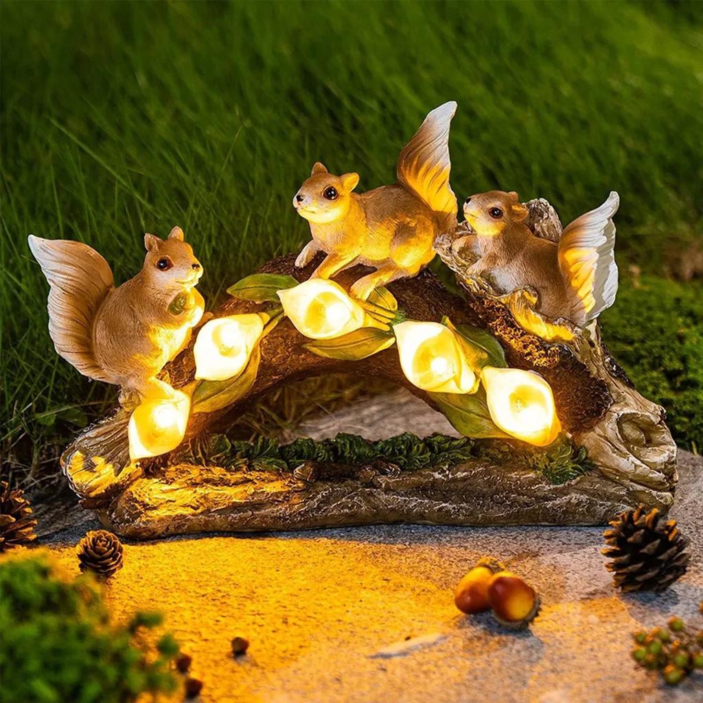 Charming Squirrel Figurine with LED Flowers Hand-Painted Resin Ornament for Home, Garden, Office Decor Unique Gift Idea