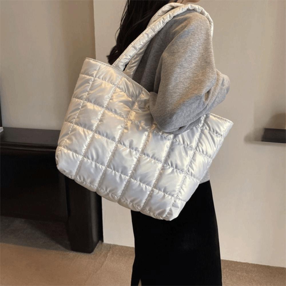 Checkered Down Cotton Shoulder Bag Korean Style Puffy Bag Cotton-padded Tote Bag  Office Worker