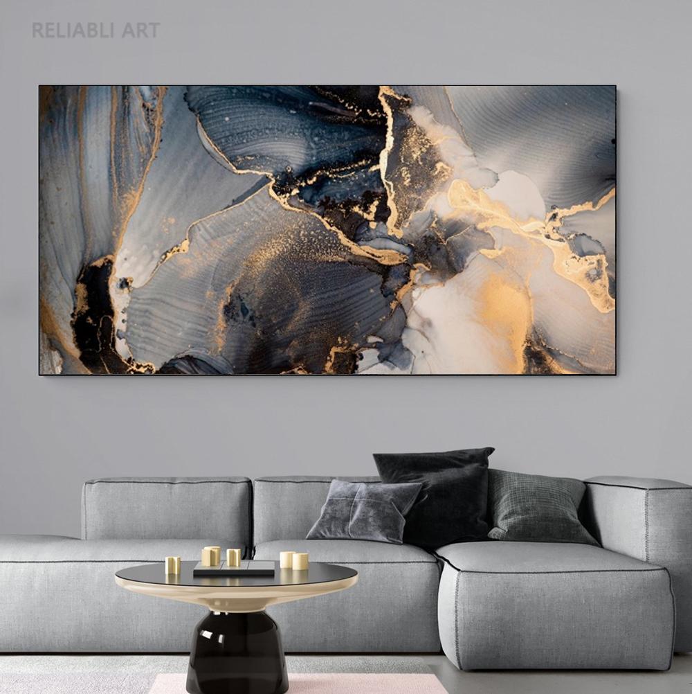 Abstract Dark Gray Blue and Gold Fluid Art Canvas Painting Luxury Gold Foil Posters and Prints for Living Room Decor Cuadros