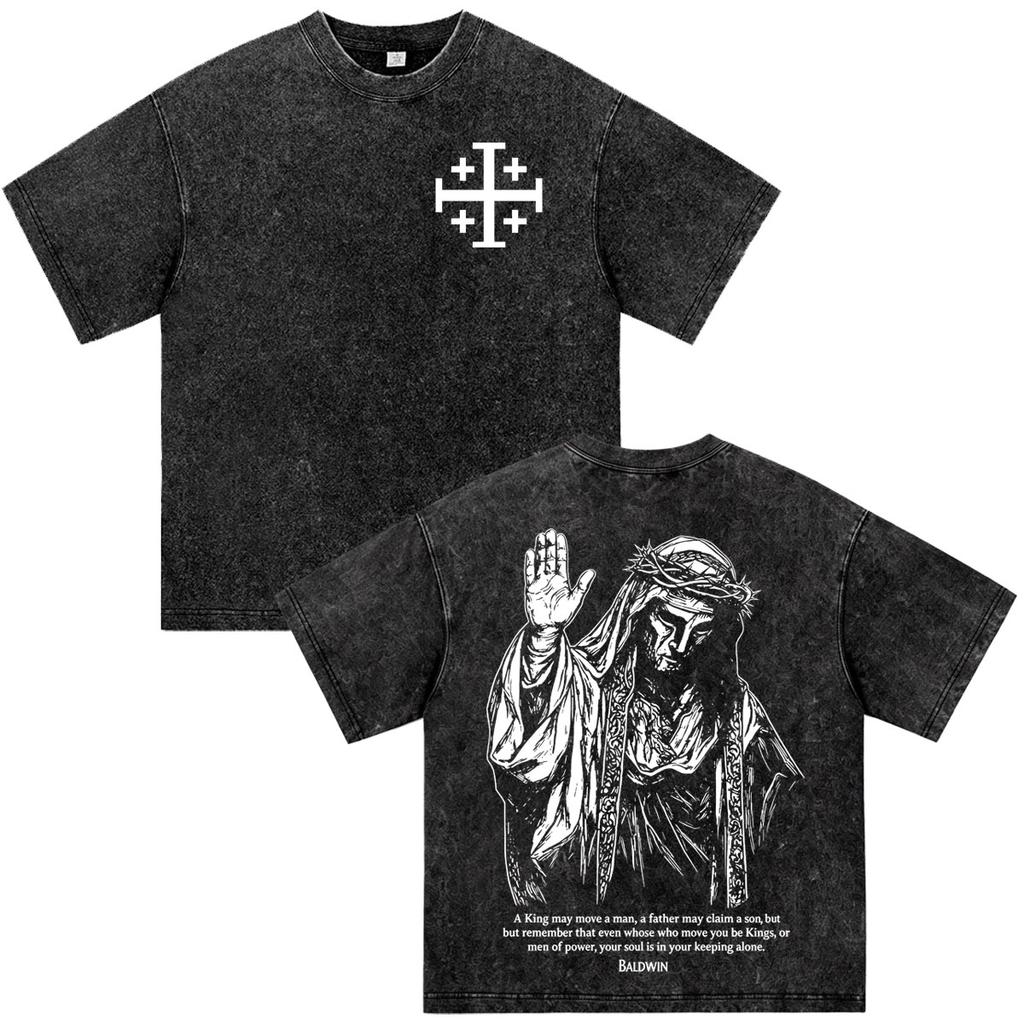 Christian Jesus with Crown of Thorns Bible Verse Washed Vintage T-shirts Men Women Fashion Oversized Harajuku Cotton T Shirts
