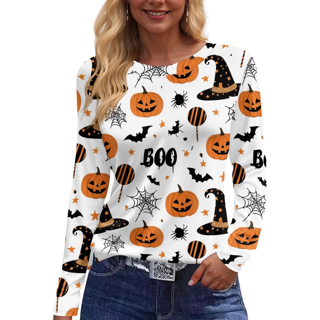 Women's Halloween Print Long Sleeve Top Crew Neck Split Hem Casual Pullover Shirt Lightweight Comfortable Fit