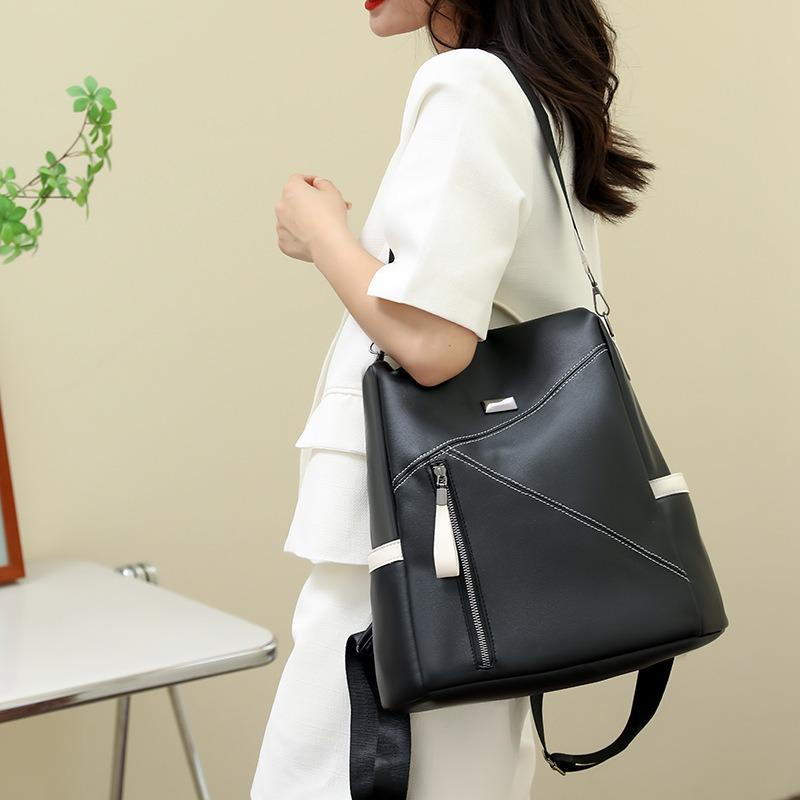 New Women's Bag Soft Leather Texture Fashionable Splicing Backpack Large Capacity Anti-theft Casual Shoulder Travel Bag