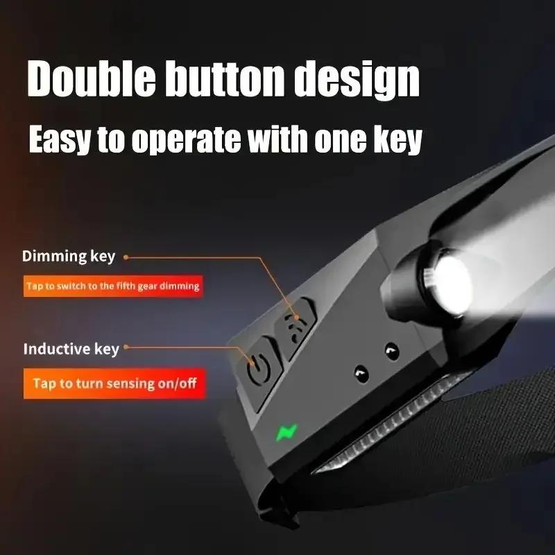 

Индукционный светодиодный налобный фонарь COB с широким лучом, волновым датчиком, с 5 режимами, USB-перезаряжаемый для бега, кемпинга, портативный налобный фонарь