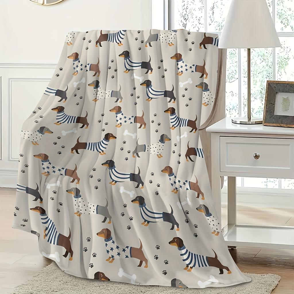 PetStyle Dackel Flanelldecke Bunt Gestreift Stern Hundemuster Pfote Knochen Elemente Weich Gemütlich Überwurf Sofa Couch Dekor